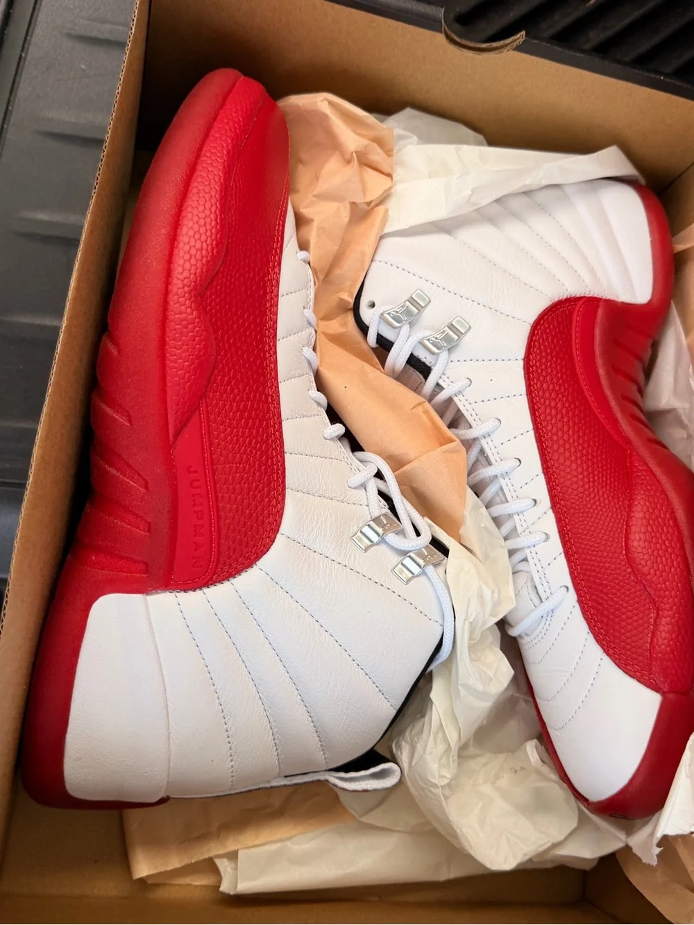 Jordan Men's Retro 12 High-Top Basketball Sneakers in White and Red